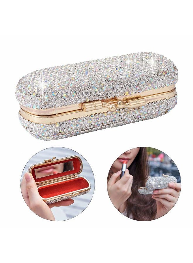 Calidaka Lipstick Case Holder with Mirror Crystal Lipstick Organizer for Travel Ladies Fashion Portable Glitter Shiny Diamonds Rhinestone Clip Holder Luxury Lip Gloss Makeup Storage Bag - Image 3