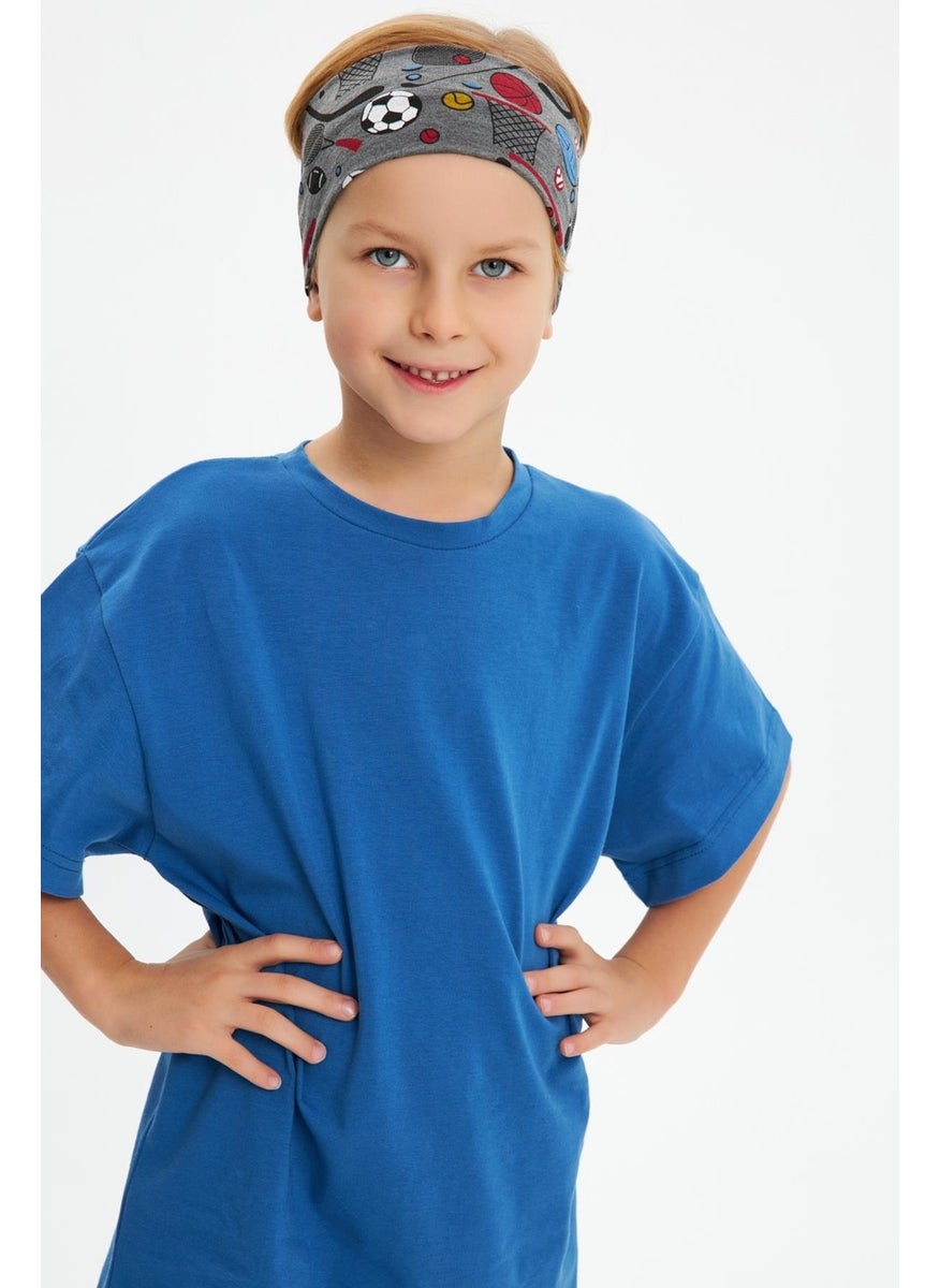 Babygiz Smoked Patterned-Blue Boy's Cotton Combed Oversize Blue T-Shirt Smoked Bandana 2-Piece Set  - Image 2