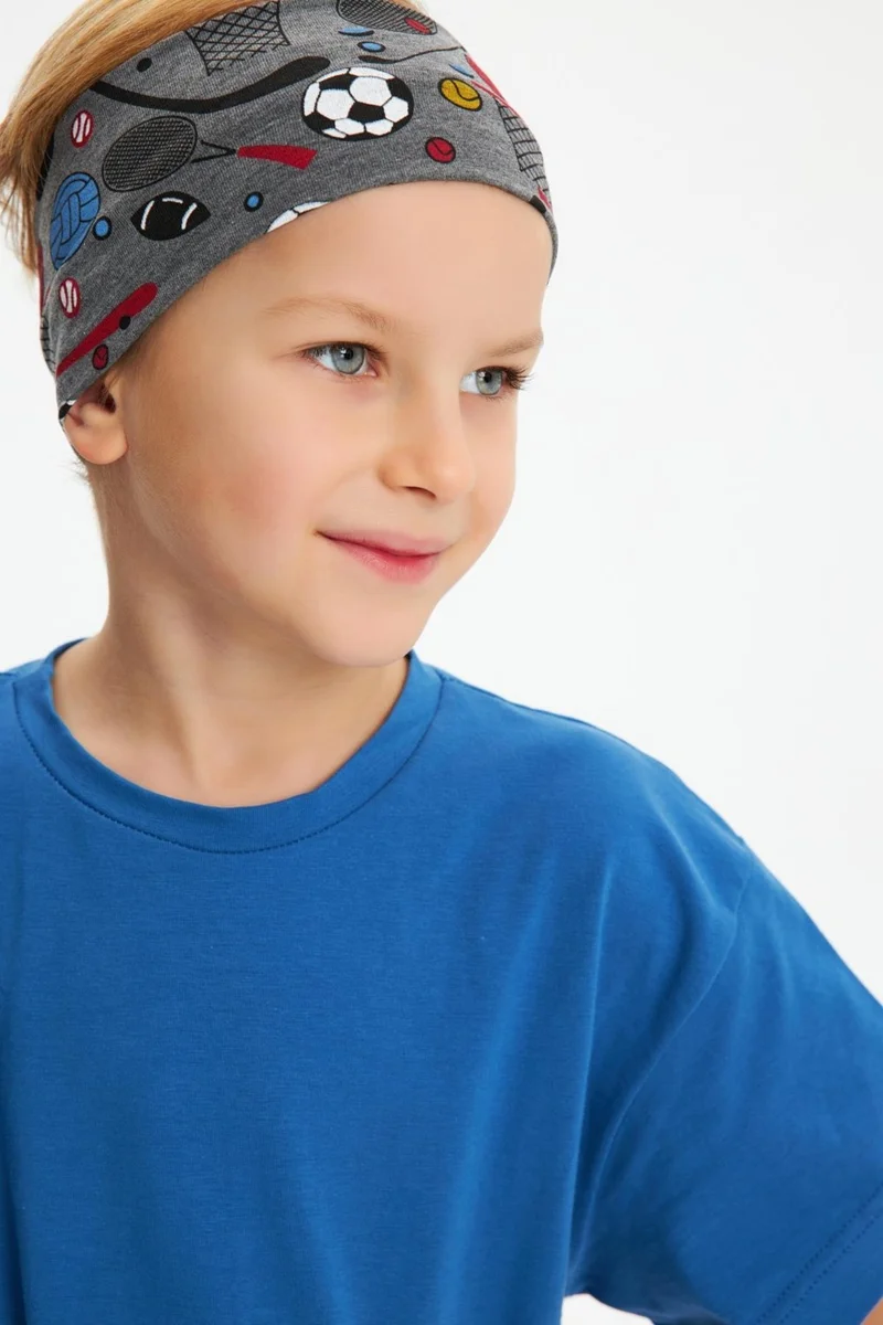 Babygiz Smoked Patterned-Blue Boy's Cotton Combed Oversize Blue T-Shirt Smoked Bandana 2-Piece Set