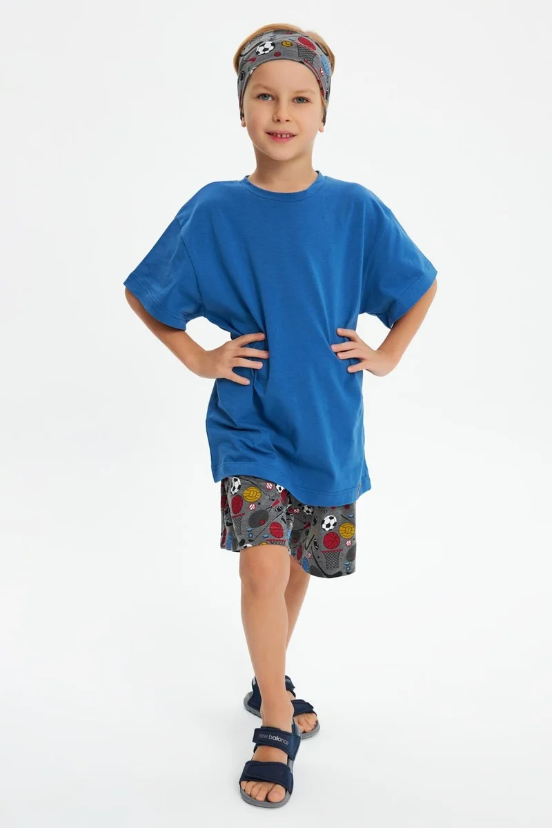 Babygiz Smoked Patterned-Blue Boy's Cotton Combed Oversize Blue T-Shirt Smoked Bandana 2-Piece Set