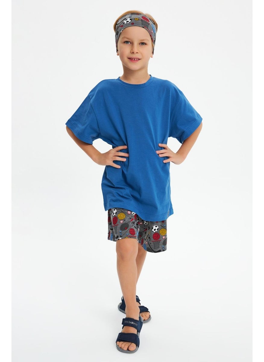 Babygiz Smoked Patterned-Blue Boy's Cotton Combed Oversize Blue T-Shirt Smoked Bandana 2-Piece Set  - Image 5
