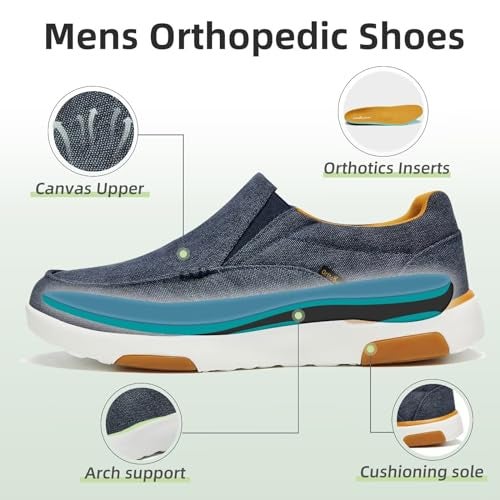 OrthoComfoot Men's Orthopedic Shoes for Plantar Fasciitis, Comfortable Heel and Foot Pain Relief Sneakers, Flat Feet Orthotic Loafers with Arch Support Denim Size 8 - Image 3