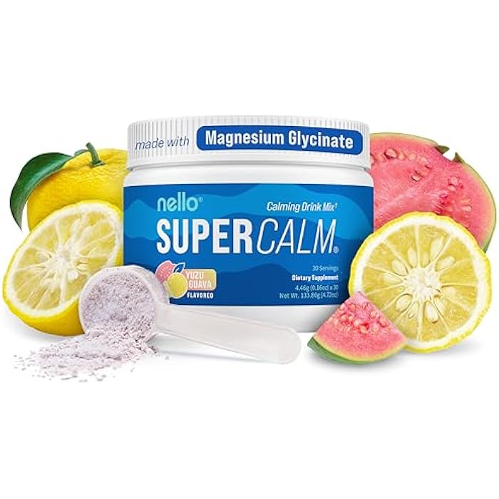 Nello Supercalm Powdered Drink Mix, Yuzu Guava, L Theanine, Ksm-66 Ashwagandha, Magnesium Glycinate, Vitamin D 3, Supplements for Relaxation & Focus, No Sugar, Non GMO, On The Go, 30 Srvgs - Image 1