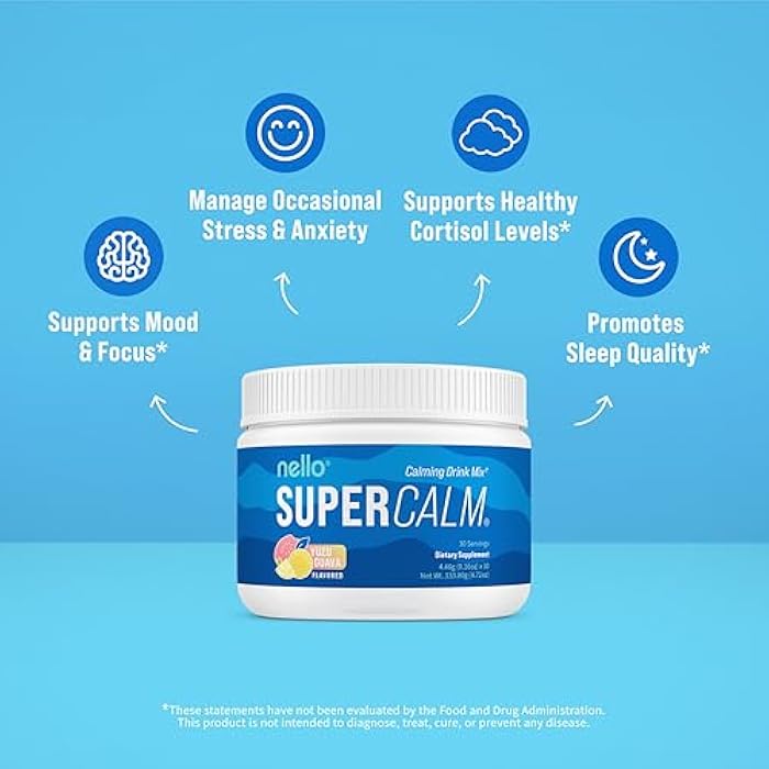 Nello Supercalm Powdered Drink Mix, Yuzu Guava, L Theanine, Ksm-66 Ashwagandha, Magnesium Glycinate, Vitamin D 3, Supplements for Relaxation & Focus, No Sugar, Non GMO, On The Go, 30 Srvgs - Image 3