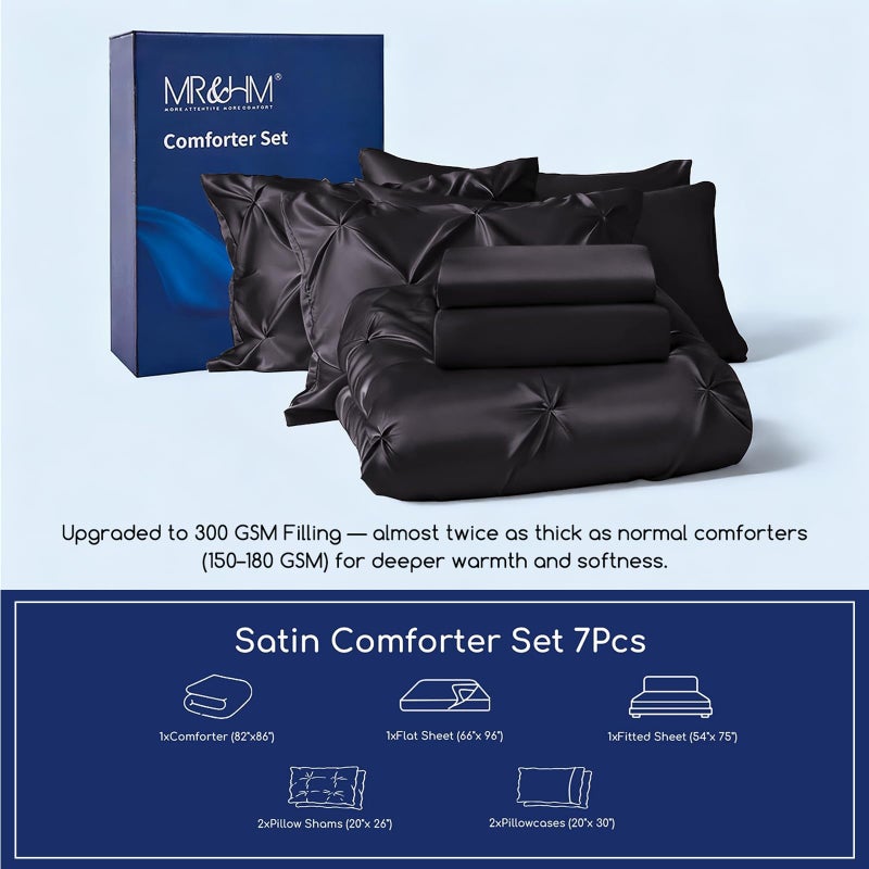 MR&HM Satin Comforter Full 7 Pieces - Luxurious Pinch Pleat Bedding Set with Comforter, Flat Sheet, Fitted Sheet, Pillowcases & Shams, Super Silky Soft Bed Set for All Season (Full, Black) - Image 2