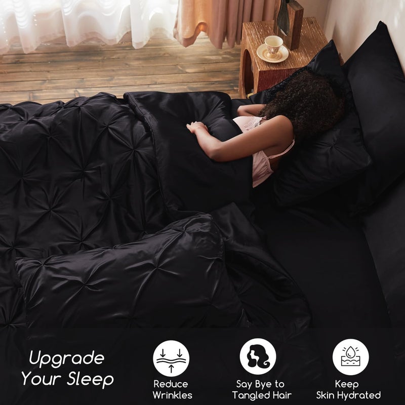 MR&HM Satin Comforter Full 7 Pieces - Luxurious Pinch Pleat Bedding Set with Comforter, Flat Sheet, Fitted Sheet, Pillowcases & Shams, Super Silky Soft Bed Set for All Season (Full, Black) - Image 3