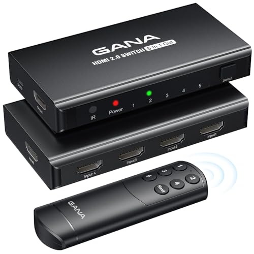GANA HDMI Switch 5 in 1 Out 4K@60Hz, GANA HDMI Splitter Switcher with Remote, Aluminum HDMI 2.0 Switch Box Hub for 3D, HDCP2.2, HDR, Compatible with Xbox, PS5/4/3,Fire Stick,Roku,Blu-Ray Player, Black - Image 1
