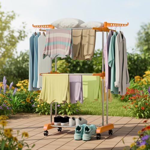 HOUZA 2-Layer Stainless Steel Clothes Drying Stand with Wheels, Foldable Wings, Anti-Rust Portable Cloth Dryer Rack for Indoor & Outdoor Use (Orange) - Image 1