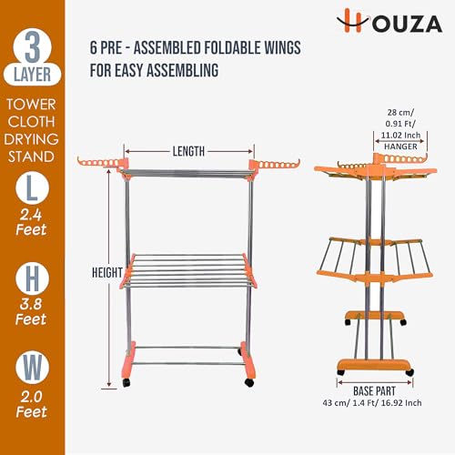 HOUZA 2-Layer Stainless Steel Clothes Drying Stand with Wheels, Foldable Wings, Anti-Rust Portable Cloth Dryer Rack for Indoor & Outdoor Use (Orange) - Image 4