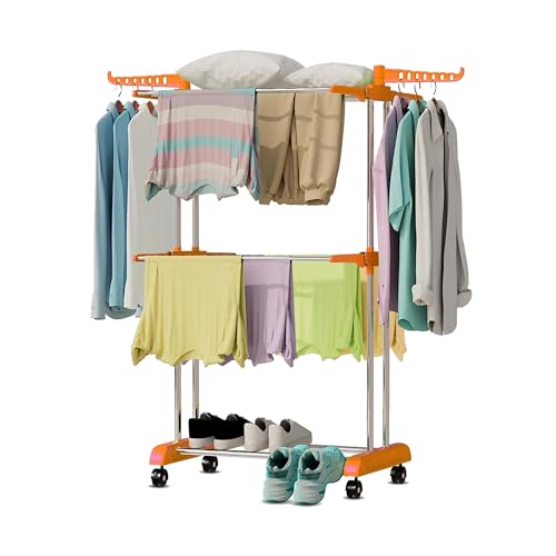 HOUZA 2-Layer Stainless Steel Clothes Drying Stand with Wheels, Foldable Wings, Anti-Rust Portable Cloth Dryer Rack for Indoor & Outdoor Use (Orange) - Image 2