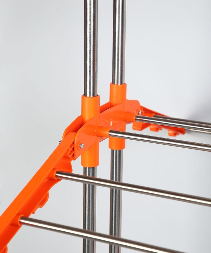 HOUZA 2-Layer Stainless Steel Clothes Drying Stand with Wheels, Foldable Wings, Anti-Rust Portable Cloth Dryer Rack for Indoor & Outdoor Use (Orange) - Image 5
