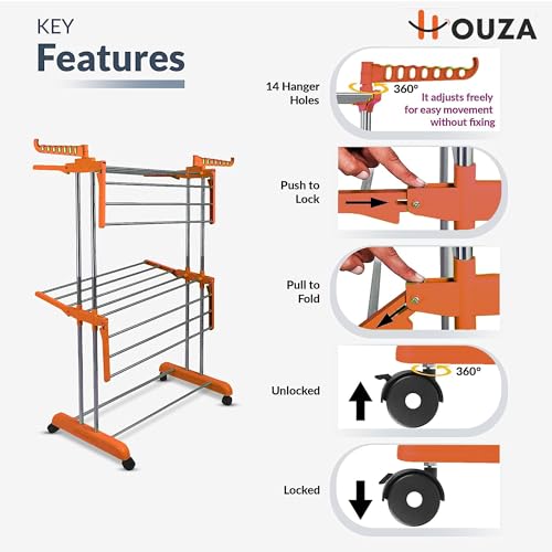 HOUZA 2-Layer Stainless Steel Clothes Drying Stand with Wheels, Foldable Wings, Anti-Rust Portable Cloth Dryer Rack for Indoor & Outdoor Use (Orange) - Image 3