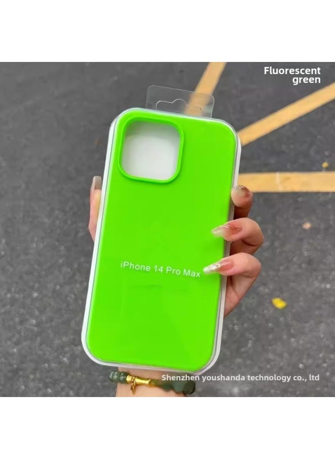 Suitable For iphone16 Solid Silicone Phone Case For Apple 15 Official Same Liquid 14 All-inclusive 13 Drop-resistant Case-Color:Fluorescent Green [with Packaging Box + Label]-Applicable Models:For iphone16