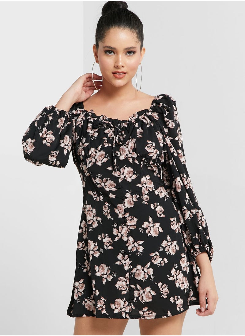 Missguided Petite Balloon Sleeve Floral Mini Dress  - Image 1