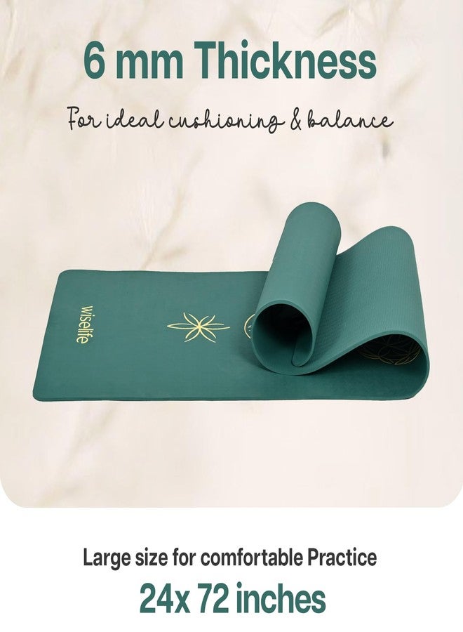 Wiselife TPE Printed 6MM Yoga Mat + Yoga Strap For Men, Women, Kids | Anti-Slip Extra thick, Long & Wide Exercise Sports Mat For Workout, Fitness, Yoga, Gym, Home & Pilates (Flower of life- Green) - Image 2