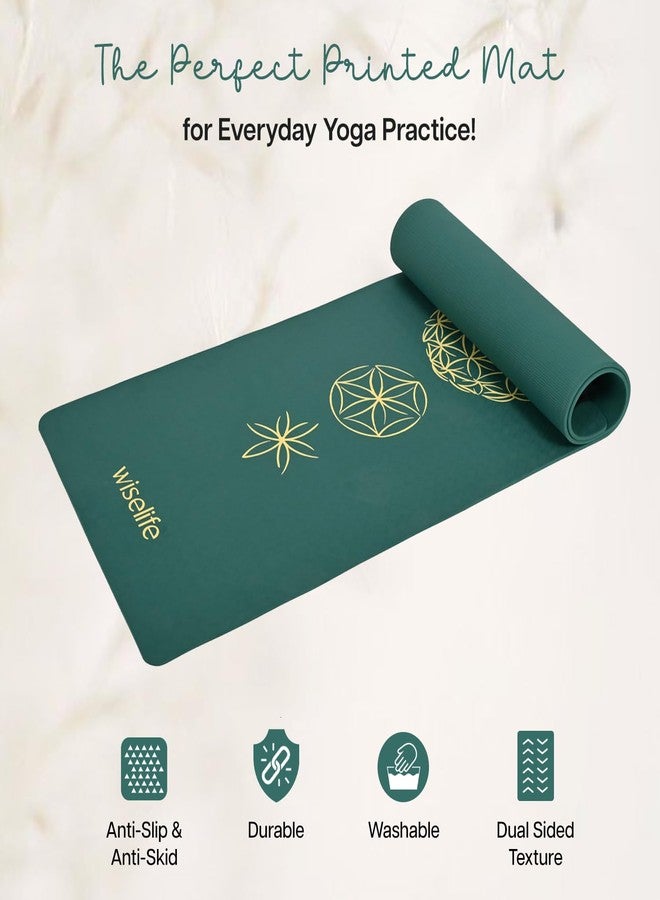 Wiselife TPE Printed 6MM Yoga Mat + Yoga Strap For Men, Women, Kids | Anti-Slip Extra thick, Long & Wide Exercise Sports Mat For Workout, Fitness, Yoga, Gym, Home & Pilates (Flower of life- Green) - Image 3