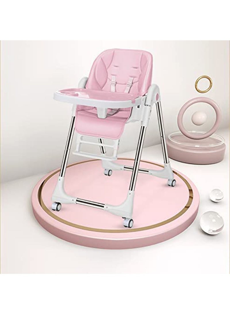 GT-Wheel Foldable Baby High Chair 4 in 1 with Wheels Converts to Infant Floor Seat(Pink) - Image 1