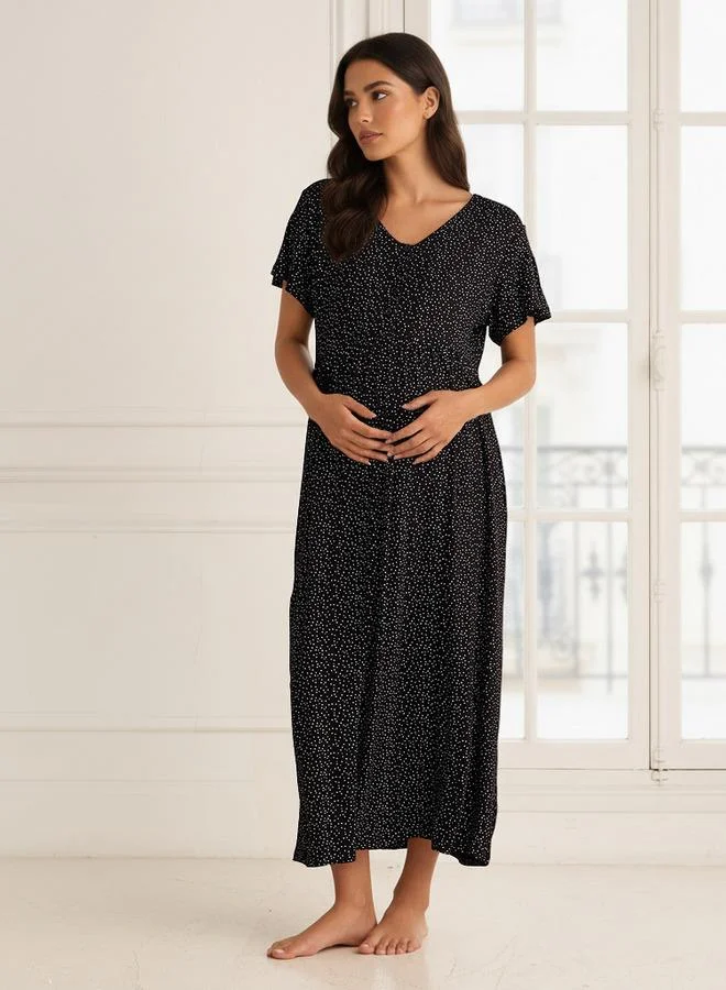 Splash FAV Maxi Maternity Night Dress Short Sleeves with Polka Dot Print