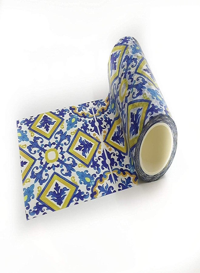 Serenity Fair Washi Tape – Mediterranean Tile Pattern, Extra Wide 4 Inch Scrapbook Supplies for Scrapbooking, Journaling, Stickers, Craft Paper, and DIY Scrapbook Tape Roll (Portuguese Yellow Blue) - Image 1