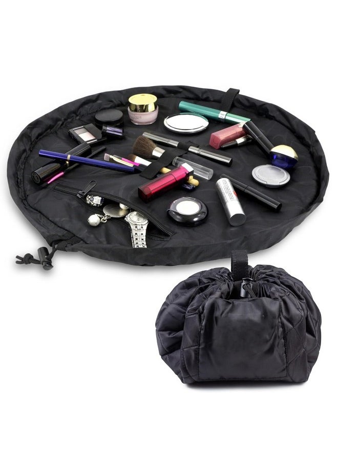 INOVERA (LABEL) INOVERA (LABEL) Travel Makeup Organizer Bag - Drawstring Cosmetic Pouch - Quilted Toiletry Kit for Women, Girls - Portable Cosmetics Storage Bags (Black)  - Image 1