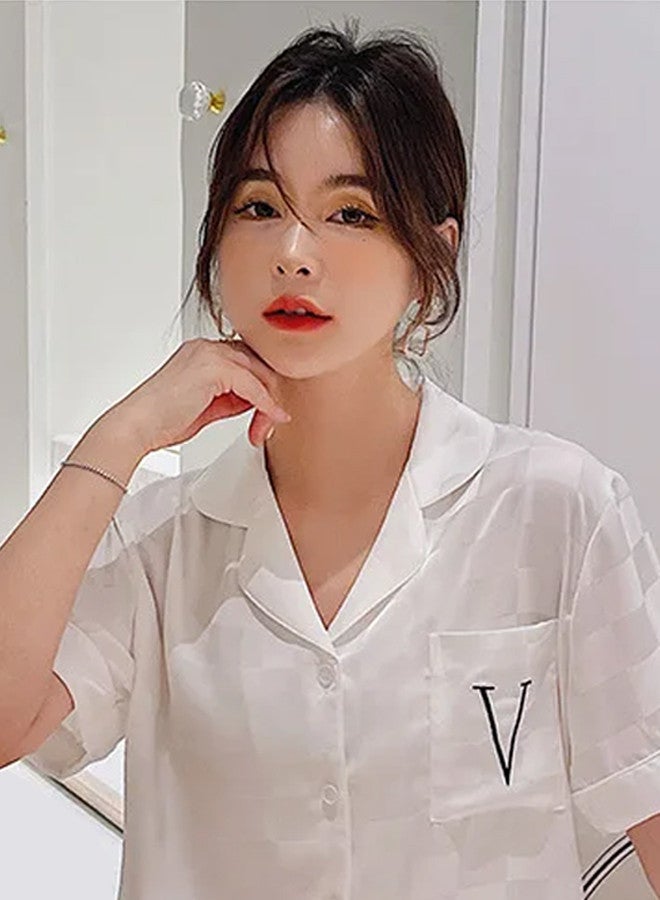 MARGOUN Pajama XXXL Women Pajamas Houndstooth Ice Silk Homewear Sleep Suit Nightwear Short Sleeve Sleepwear White - Image 4