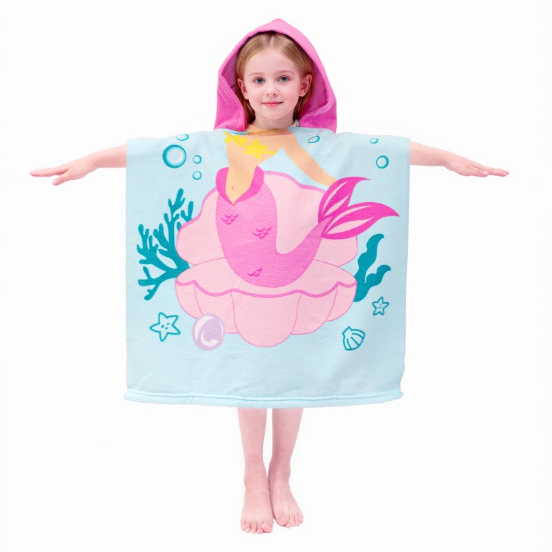 growell Hooded Kids Beach Towels - Toddler Bath Towel Girls Boys Swim Cover-ups for Ages 1 to 6 Kids Pool Towels Quick Dry Lightweight Soft Microfiber Poncho Towel 24x23 (Mermaid Seashell) - Image 2