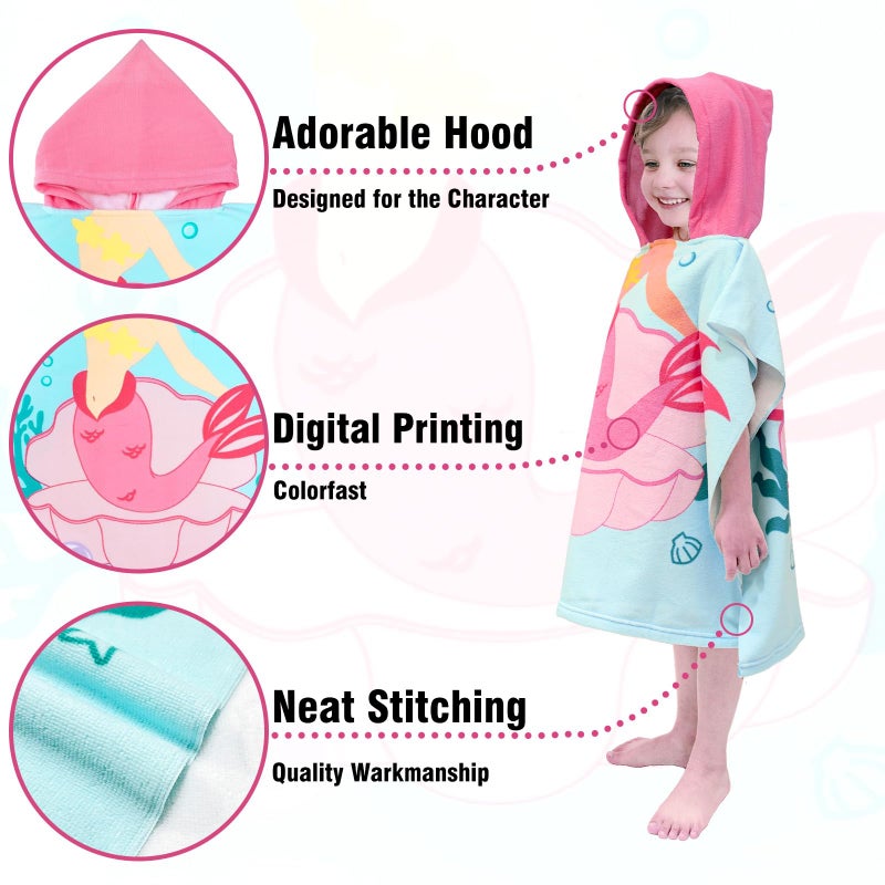 growell Hooded Kids Beach Towels - Toddler Bath Towel Girls Boys Swim Cover-ups for Ages 1 to 6 Kids Pool Towels Quick Dry Lightweight Soft Microfiber Poncho Towel 24x23 (Mermaid Seashell) - Image 4