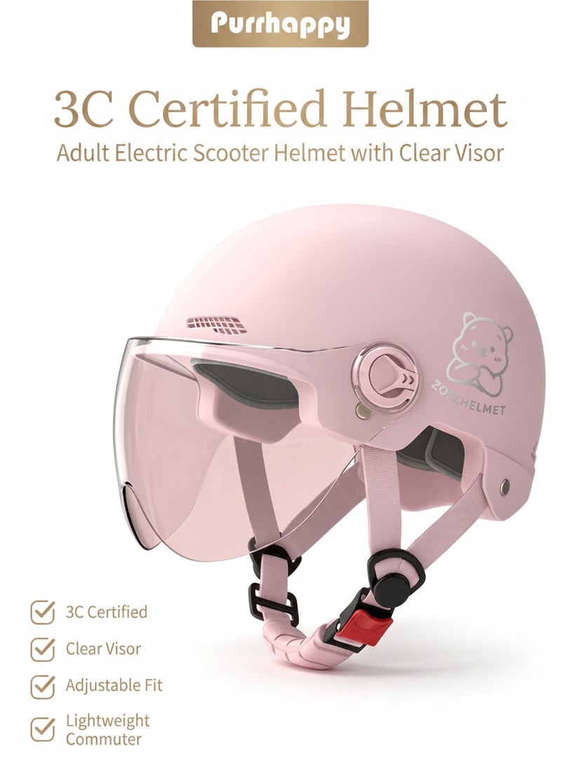 Purrhappy 3C Certified Helmet, Adult Electric Scooter Helmet with Clear Visor, Adjustable Head Circumference, Lightweight Motorcycle Bike Commuter Helmet for Men Women, Pink - Image 1