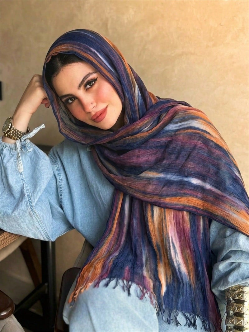 New Viscose Scarf Gradient Tie-Dye Stripe Headscarf Retro Versatile Printed Women's Pleated Shawl