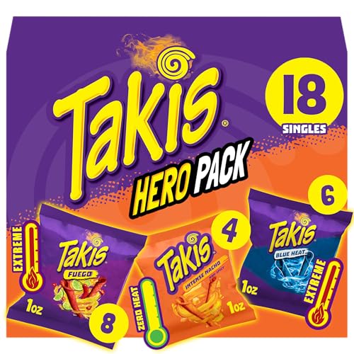 Taki's Takis 18 pc / 1 oz Hero Variety Pack, Assorted Flavored Mixed Rolled Tortilla Chips – (8) Fuego, (6) Blue Heat, (4) Intense Nacho - Image 1