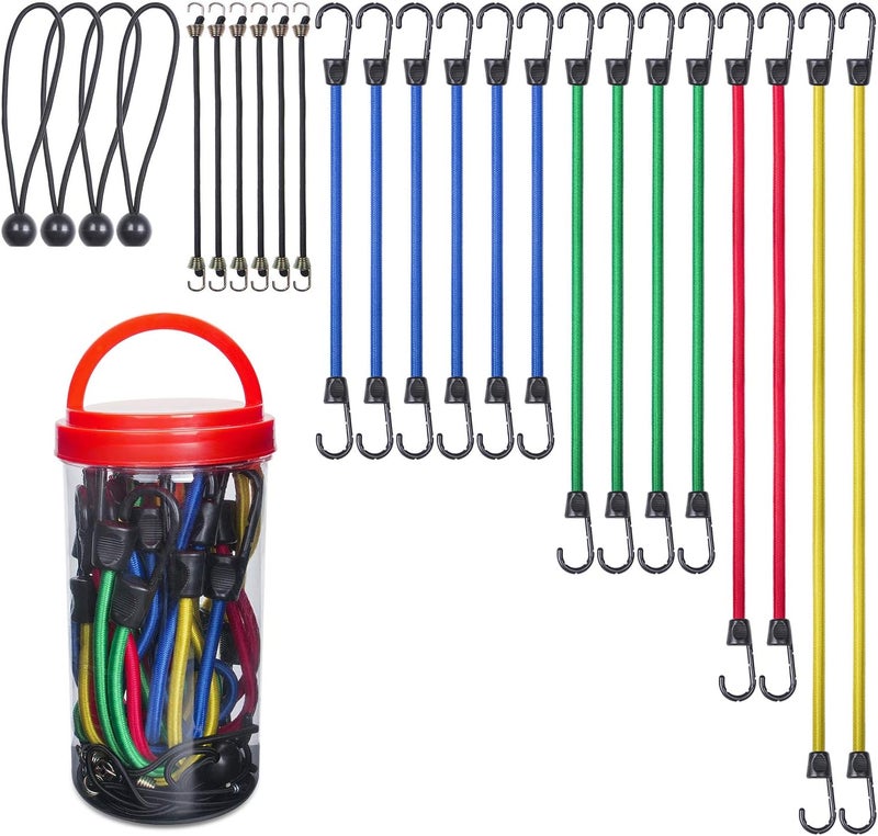 EFFICERE 24-Piece Premium Bungee Cord Assortment in Storage Jar - Includes 10”, 18”, 24”, 32”, 40” Bungee Cords and 8” Canopy/Tarp Ball Ties - Image 1