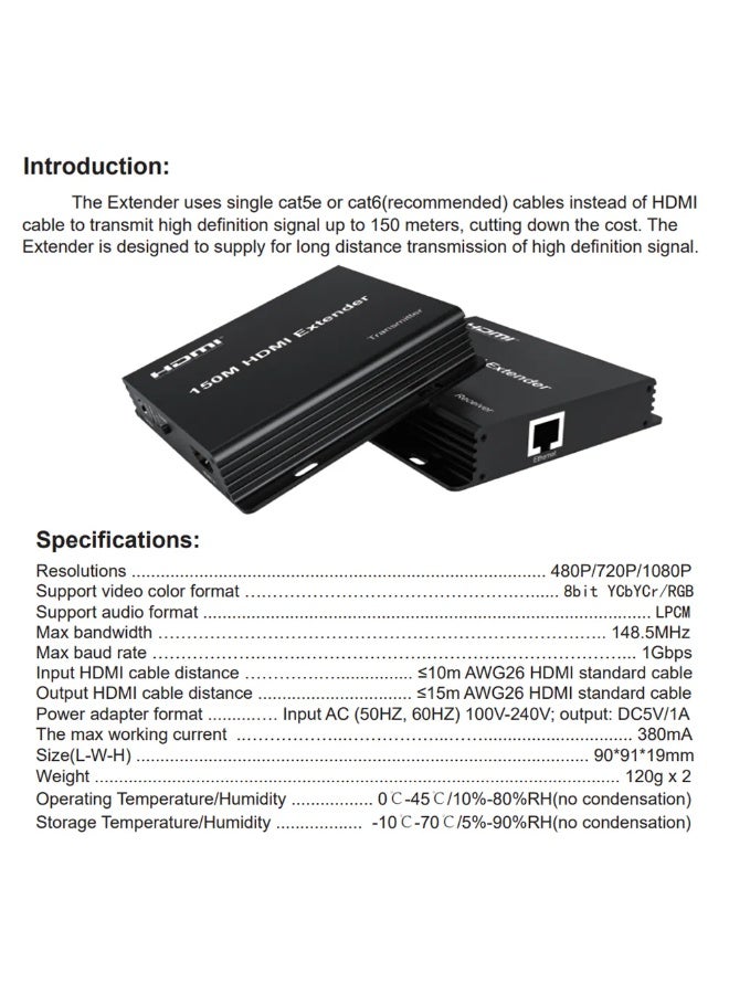اتش دي ام اي موسع إشارة HDMI بمدى 150 مترًا عبر كابل LAN من نوع CAT5E/6، ينقل إشارة HDMI عالية السرعة حتى 150 مترًا، يدعم دقة 4K بمعدل 30 هرتز، سهل الاستخدام، يدعم تقنية HDMI عبر الإيثرنت لأجهزة الكمبيوتر والتلفزيون وأجهزة العرض، وللاستخدام المنزلي والمكتبي. - Image 5