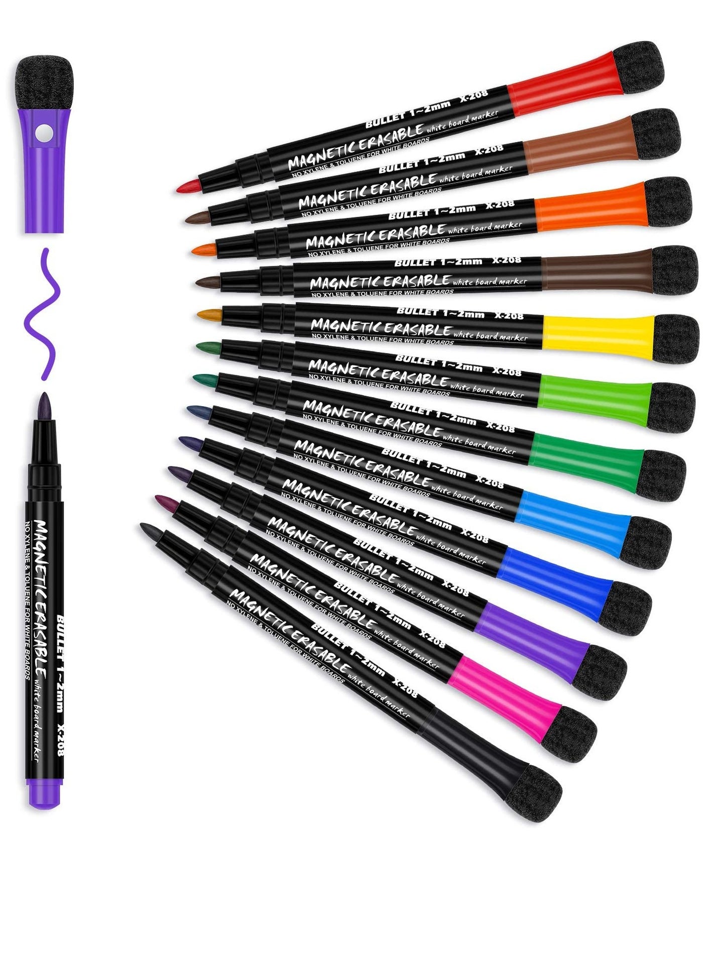 Whiteboard Marker, Excefore 12 colors Magnetic Dry Erase Markers, Low Odor White Board Markers with Erasers Fine Tip Erasable Pens for Kids Teacher Back to School, Work on Classroom Office, Calender