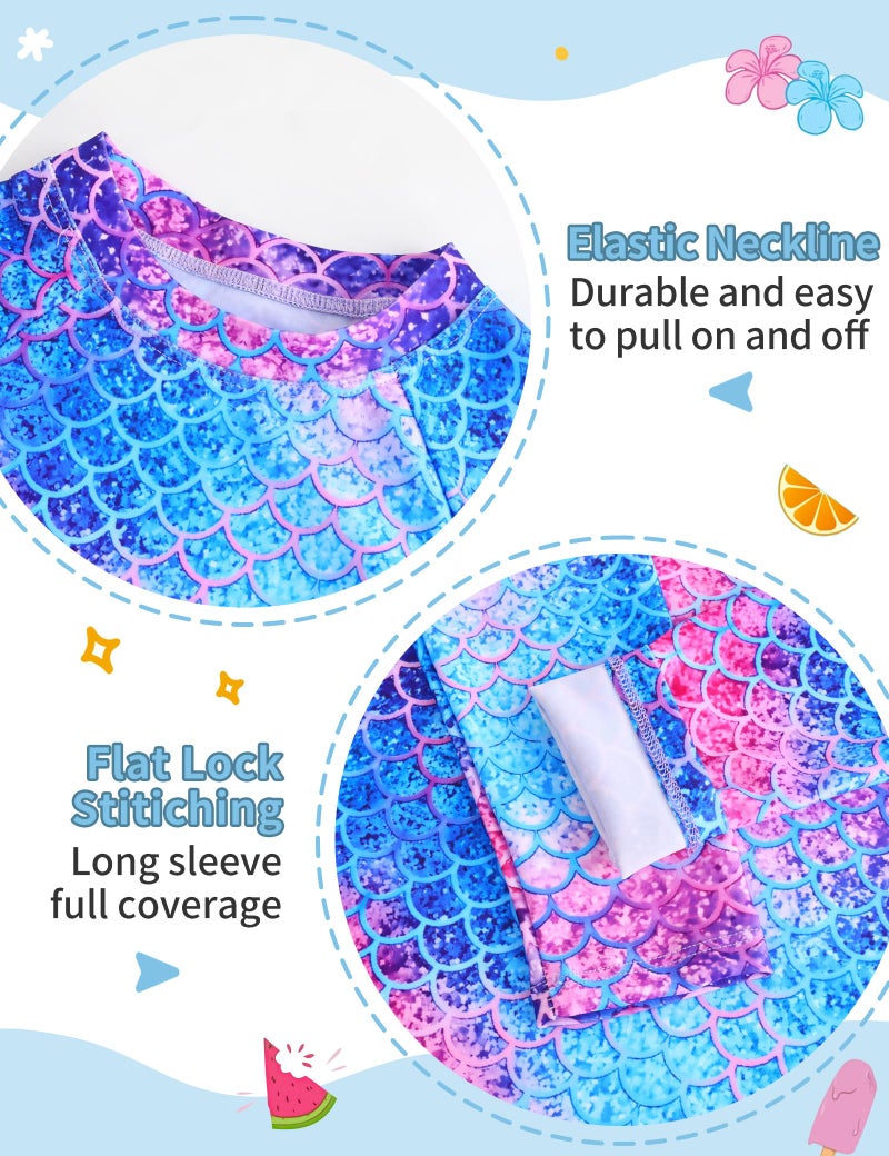 TENVDA Girls Swimsuit Size 10-12 Years Old Long Sleeve Rash Guard Swimwear Pink Blue Mermaid Scale Toddler Kids Bathing Suits - Image 3