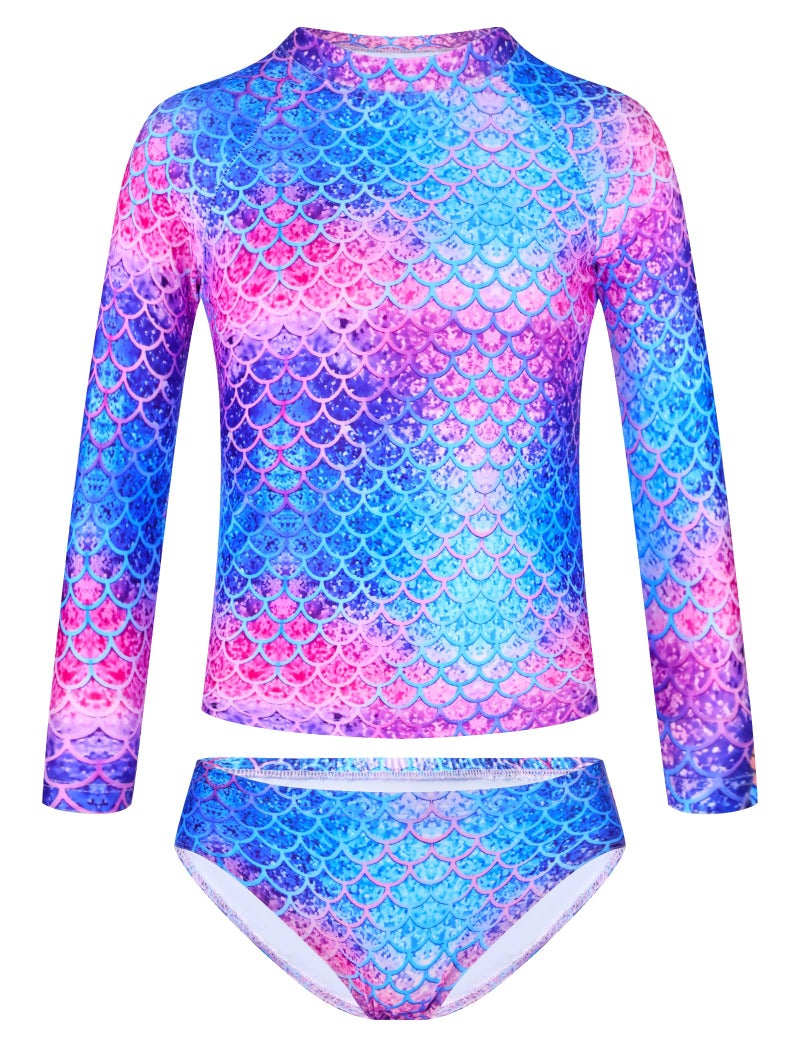 TENVDA Girls Swimsuit Size 10-12 Years Old Long Sleeve Rash Guard Swimwear Pink Blue Mermaid Scale Toddler Kids Bathing Suits - Image 1