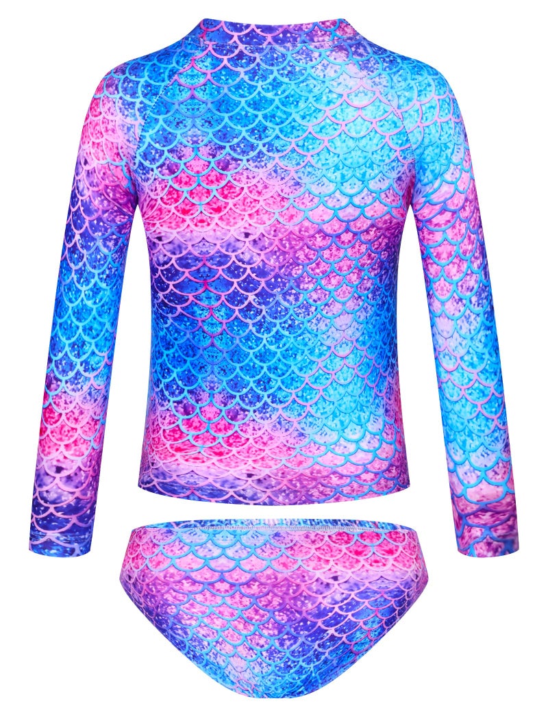 TENVDA Girls Swimsuit Size 10-12 Years Old Long Sleeve Rash Guard Swimwear Pink Blue Mermaid Scale Toddler Kids Bathing Suits - Image 2