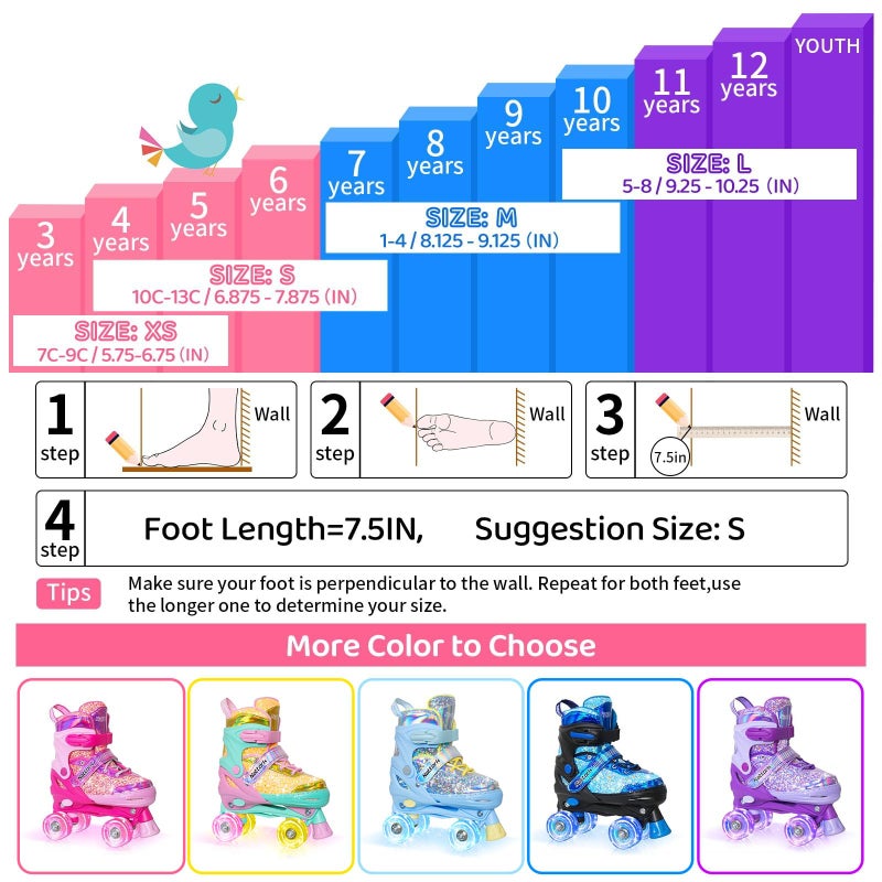 Nattork Kids Roller Skates for Girls Kids, 4 Sizes Adjustable Girls Roller Skates for Ages 3-12 with Light up Wheels & Safety Protection - Cool Birthday Gift for Indoor Outdoor Sports - Image 4