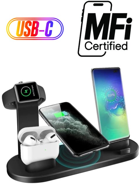 Multi-Function Charging Stand Compatible with iPhone, Android Micro USB & Type-C Phone Wireless 3 in 1 Rotatable Charging Dock - Black