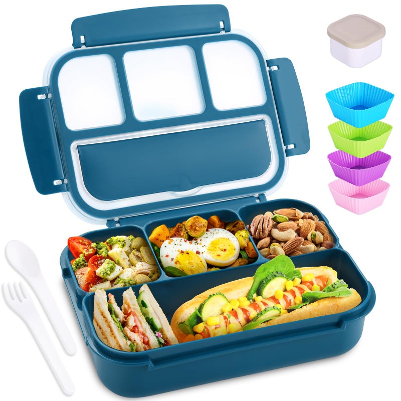 shell and turtle Bento Box Adult Lunch Box, Kids Lunch Containers for School with 4 Compartments, with Utensils, Sauce Jar, Muffin Liners, Microwave Safe, Navy - Image 1
