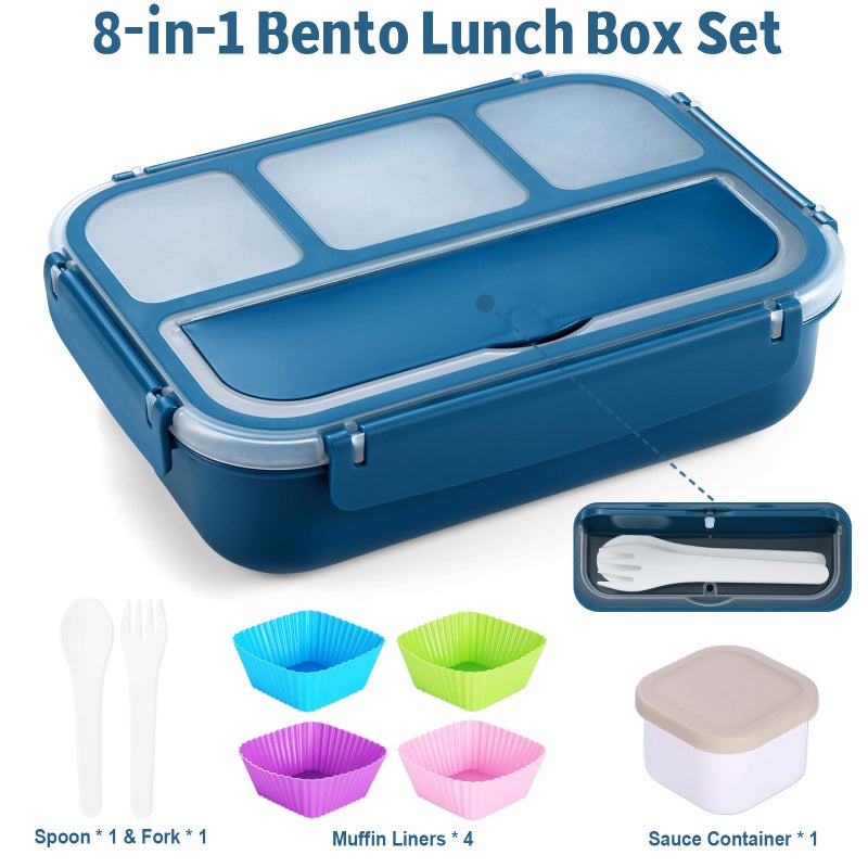 shell and turtle Bento Box Adult Lunch Box, Kids Lunch Containers for School with 4 Compartments, with Utensils, Sauce Jar, Muffin Liners, Microwave Safe, Navy - Image 5