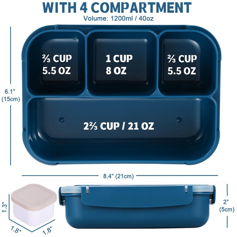 shell and turtle Bento Box Adult Lunch Box, Kids Lunch Containers for School with 4 Compartments, with Utensils, Sauce Jar, Muffin Liners, Microwave Safe, Navy - Image 2