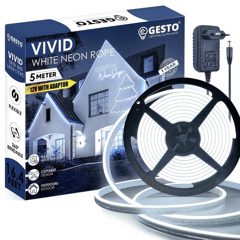 Gesto 16.4 Ft Neon LED Strip Light with 12V Adapter | Waterproof, Flexible & Cuttable Rope Light for Diwali Decor, Wall Decor, Indoor Outdoor Lighting, Neon Sign Board & Custom Name Design – White - Image 1