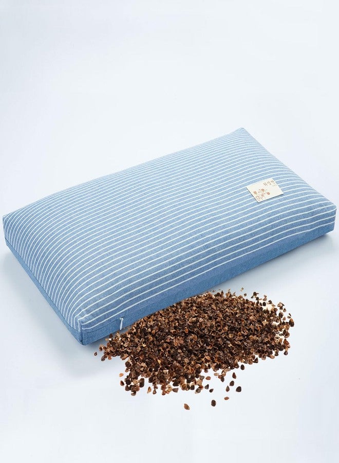 EDMILE Buckwheat Pillows for Sleeping, Adjustable Hulls Firm Pillow Neck Head Back Shoulder Support for Pain Relief, Small Bed Pillow for Side Back Sleepers, Blue 19"X11" - Image 1