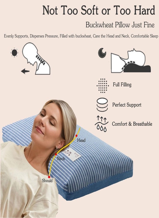 EDMILE Buckwheat Pillows for Sleeping, Adjustable Hulls Firm Pillow Neck Head Back Shoulder Support for Pain Relief, Small Bed Pillow for Side Back Sleepers, Blue 19"X11" - Image 3
