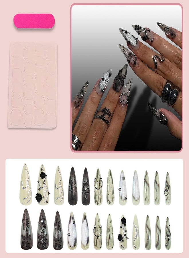 GRITOSE 24Pcs Long Stiletto Press on Nails Goth Black Fake Nails with 3D Flower Steel Ball Designs Gothic Style False Nails Kit Handmade Acrylic Nails Press ons Holiday Glue on Nail for Women Stiletto Nail - Image 3