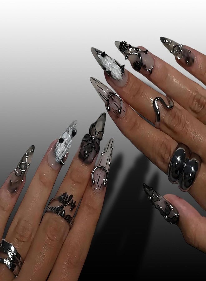 GRITOSE 24Pcs Long Stiletto Press on Nails Goth Black Fake Nails with 3D Flower Steel Ball Designs Gothic Style False Nails Kit Handmade Acrylic Nails Press ons Holiday Glue on Nail for Women Stiletto Nail - Image 2