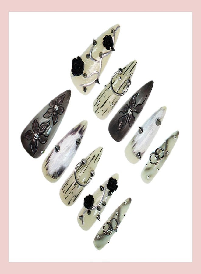 GRITOSE 24Pcs Long Stiletto Press on Nails Goth Black Fake Nails with 3D Flower Steel Ball Designs Gothic Style False Nails Kit Handmade Acrylic Nails Press ons Holiday Glue on Nail for Women Stiletto Nail - Image 4