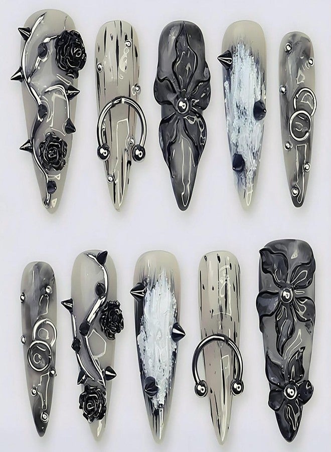 GRITOSE 24Pcs Long Stiletto Press on Nails Goth Black Fake Nails with 3D Flower Steel Ball Designs Gothic Style False Nails Kit Handmade Acrylic Nails Press ons Holiday Glue on Nail for Women Stiletto Nail - Image 1