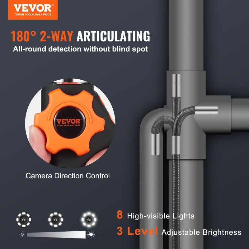 VEVOR Articulating Borescope Camera with Light, Two-Way Articulated Endoscope Inspection Camera with 6.4mm Tiny Lens, 5" IPS 1080P HD Screen, 8X Zoom, 8 LED Light Snake Camera for Automotive, Plumbing - Image 2