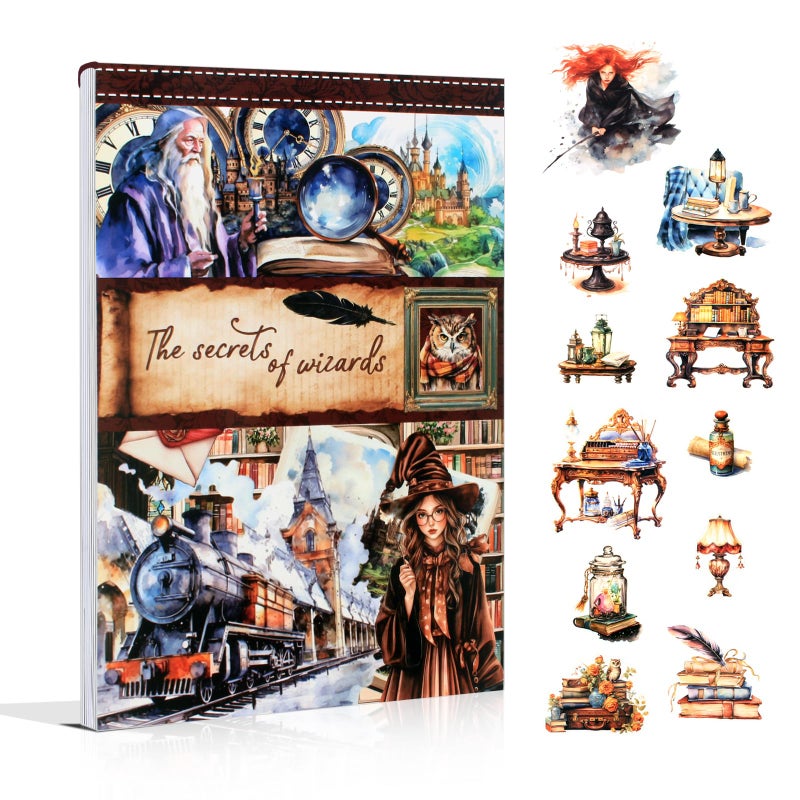 Dwpetzo The Secrets of Wizards Sticker Book for Journaling Collage, 20 Sheets Precut Transparent PET Washi Matte Paper Materials Stickers for Scrapbooking, Junk Journal Supplies, Planner - Image 1